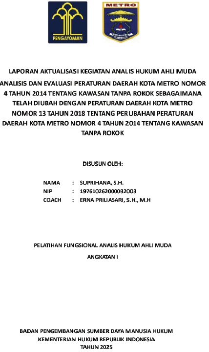Cover ANALISIS DAN EVALUASI PERATURAN DAERAH KOTA METRO NOMOR 4 TAHUN 2014